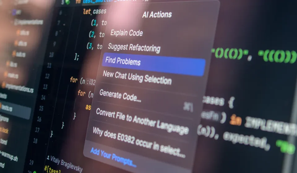 code editor with AI actions menu on screen