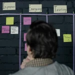 Kanban-style workflow board with columns and sticky notes