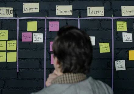 Kanban-style workflow board with columns and sticky notes