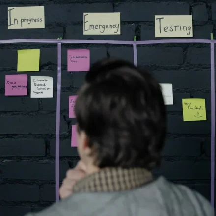 Kanban-style workflow board with columns and sticky notes