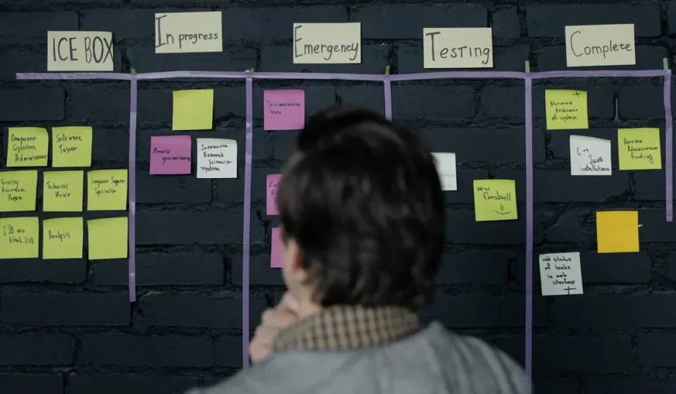 Kanban-style workflow board with columns and sticky notes