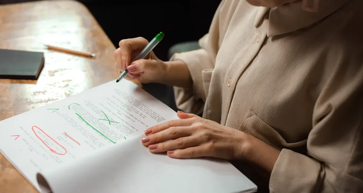 Person editing printed draft with red and green markup